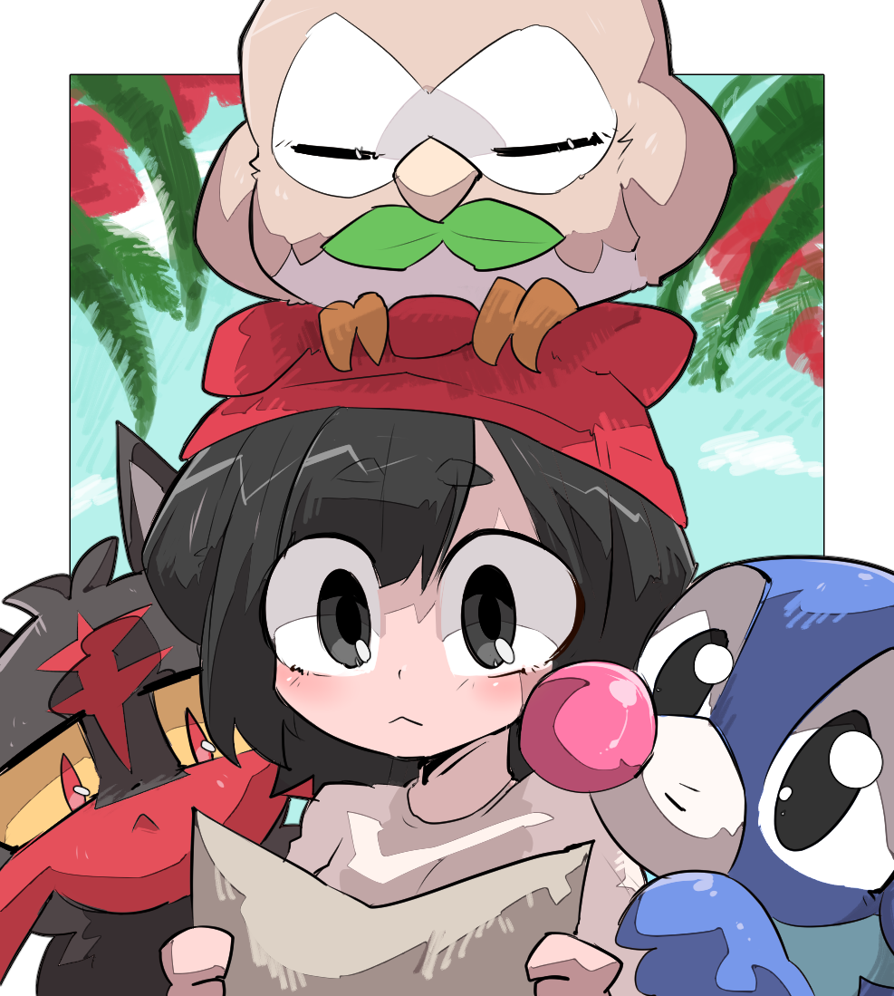 1girl :&lt; bangs beanie bird black_eyes black_hair blush bob_cut cat closed_mouth eyebrows eyebrows_visible_through_hair g_perarikku gen_7_pokemon hat holding holding_map litten looking_at_viewer map mizuki_(pokemon) on_head owl pokemon pokemon_(creature) pokemon_(game) pokemon_sm popplio red_hat rowlet shirt short_eyebrows short_hair swept_bangs t-shirt thick_eyebrows upper_body white_shirt