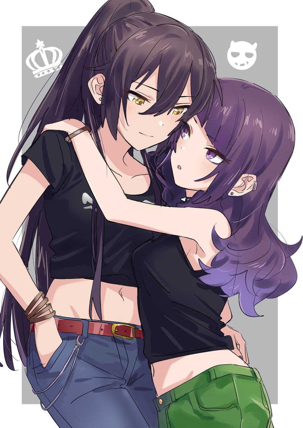 2girls arm_on_shoulder armpits bangs black_choker black_shirt bracelet breasts brown_hair choker closed_mouth collarbone commentary crop_top denim diagonal_bangs dog_tags earrings green_pants hair_between_eyes hand_in_pocket high_ponytail highres holding_another's_arm idolmaster idolmaster_shiny_colors jeans jewelry looking_at_another midriff multiple_girls navel open_mouth pants ponytail purple_hair shirase_sakuya shirt short_twintails smile solo spiked_choker spikes stomach tanaka_mamimi twintails violet_eyes yellow_eyes yomosaka yuri