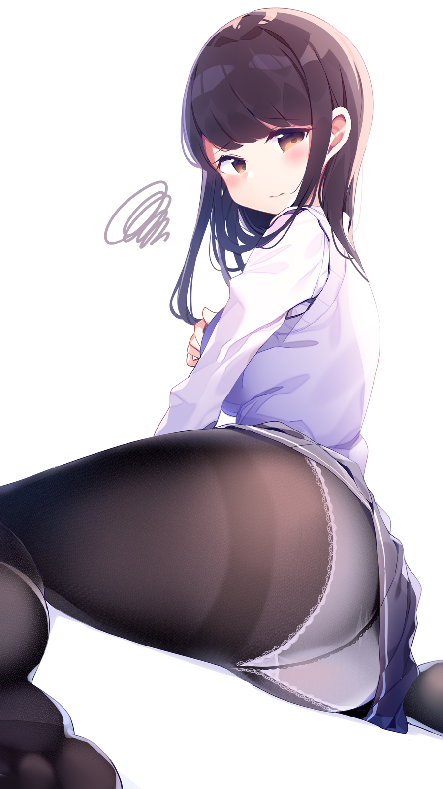 1girl ass bangs black_legwear black_skirt blush brown_eyes brown_hair chikuwa. closed_mouth commentary crotch_seam dutch_angle eyebrows_visible_through_hair head_tilt highres lace lace-trimmed_panties long_hair long_sleeves looking_at_viewer looking_to_the_side no_shoes original panties panties_under_pantyhose pantyhose pleated_skirt shirt simple_background sitting skirt soles solo squiggle sweater_vest thighband_pantyhose underwear wariza white_background white_shirt