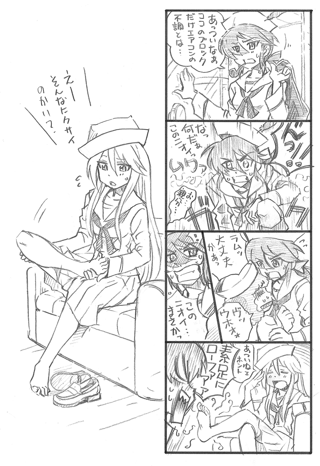 ! 3girls 4koma angry barefoot bbb_(friskuser) clenched_teeth comic commentary_request curly_hair ducking feathers flint_(girls_und_panzer) flying_sweatdrops girls_und_panzer hair_between_eyes hat hat_feather highres holding_foot long_hair long_sleeves monochrome multiple_girls neckerchief ogin_(girls_und_panzer) ooarai_naval_school_uniform open_mouth pipe pipe_in_mouth pleated_skirt rum_(girls_und_panzer) sailor_hat school_uniform serafuku shaded_face shoes_removed shouting sitting skirt spoken_exclamation_mark sweatdrop teeth translation_request