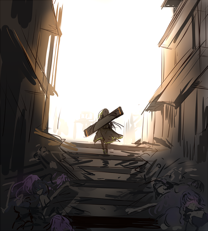 armband boots brown_hair clothes_around_waist day digi-mind_update_(girls_frontline) floating_hair from_behind girls_frontline gloves jacket jacket_around_waist long_hair m4a1_(girls_frontline) mid-stride outdoors silence_girl stairs walking weapon weapon_case