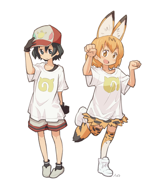 2girls adapted_costume alternate_headwear animal_ears baseball_cap black_hair blonde_hair boots commentary_request eyebrows_visible_through_hair feathers gloves hand_on_headwear hat kaban_(kemono_friends) kemono_friends multicolored_hair multiple_girls paw_pose serval_(kemono_friends) serval_ears serval_print serval_tail shirt short_hair short_sleeves shorts skirt socks t-shirt tail tessaku_ro thigh-highs