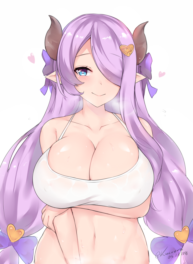 1girl bare_shoulders blue_eyes blush braid breast_hold breasts cleavage closed_mouth collarbone cowboy_shot dated draph granblue_fantasy hair_ornament hair_over_one_eye hairclip heart heart-shaped_pupils horns kuavera large_breasts lavender_hair long_hair looking_at_viewer midriff narmaya_(granblue_fantasy) navel pointy_ears shiny shiny_skin shirt sidelocks signature simple_background single_braid sleeveless solo stomach symbol-shaped_pupils t-shirt white_background