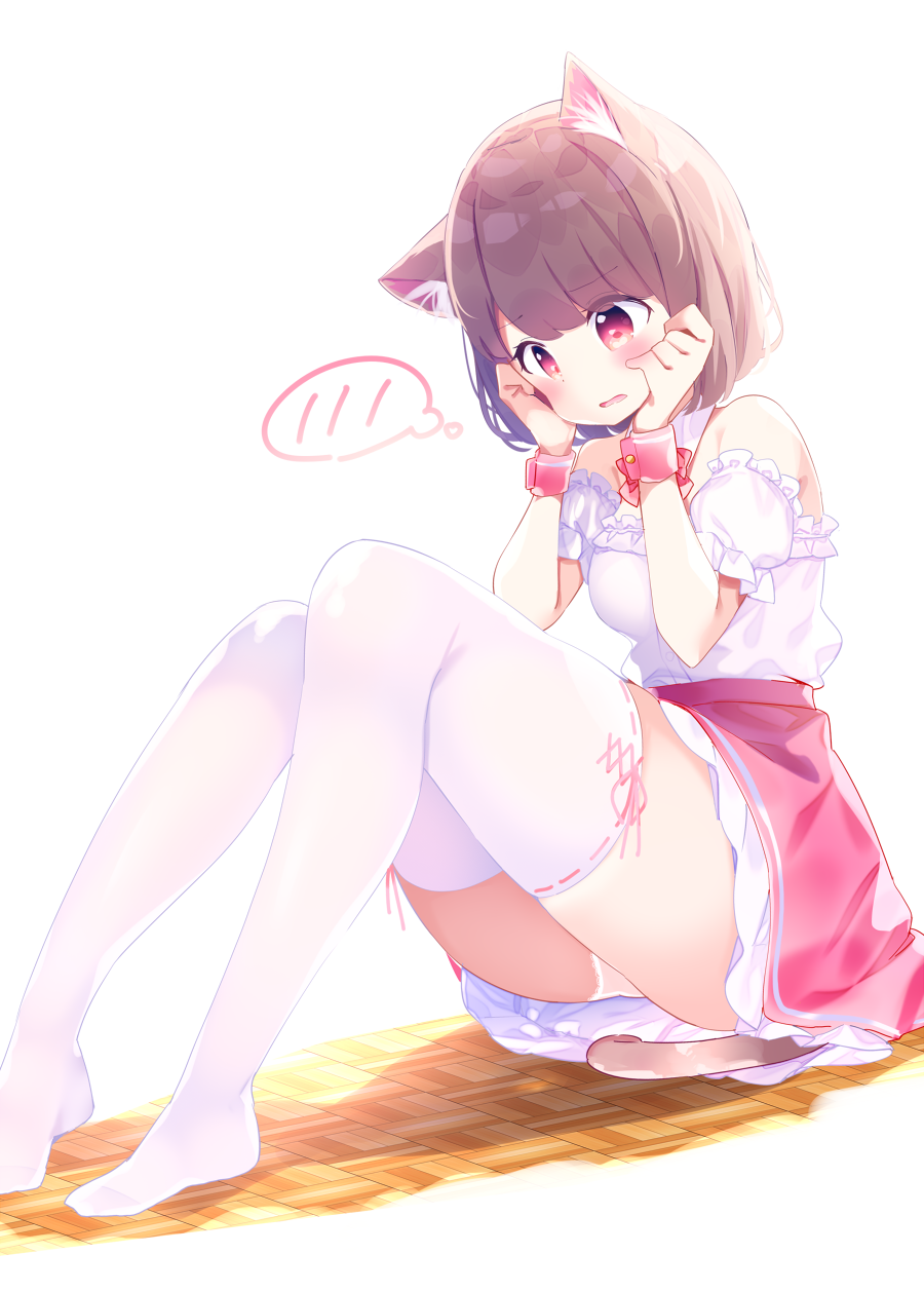 1girl animal_ears bangs blush brown_hair cat_ears cat_girl cat_tail chikuwa. commentary_request eyebrows_visible_through_hair hands_on_own_cheeks hands_on_own_face highres looking_away no_shoes off-shoulder_shirt on_floor original panties parted_lips puffy_short_sleeves puffy_sleeves red_eyes red_skirt ribbon-trimmed_legwear ribbon_trim shirt short_hair short_sleeves sitting skirt solo spoken_blush tail thigh-highs underwear white_background white_legwear white_panties white_shirt wooden_floor wrist_cuffs