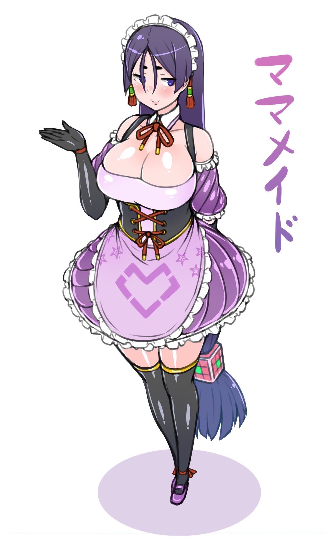 1girl absurdly_long_hair adapted_costume apron black_legwear blush breasts cleavage eyebrows_visible_through_hair fate/grand_order fate_(series) frilled_apron frills highres large_breasts long_hair low-tied_long_hair maid maid_headdress minamoto_no_raikou_(fate/grand_order) puffy_sleeves purple_hair rei_(rei_rr) simple_background smile solo thigh-highs very_long_hair violet_eyes waist_apron