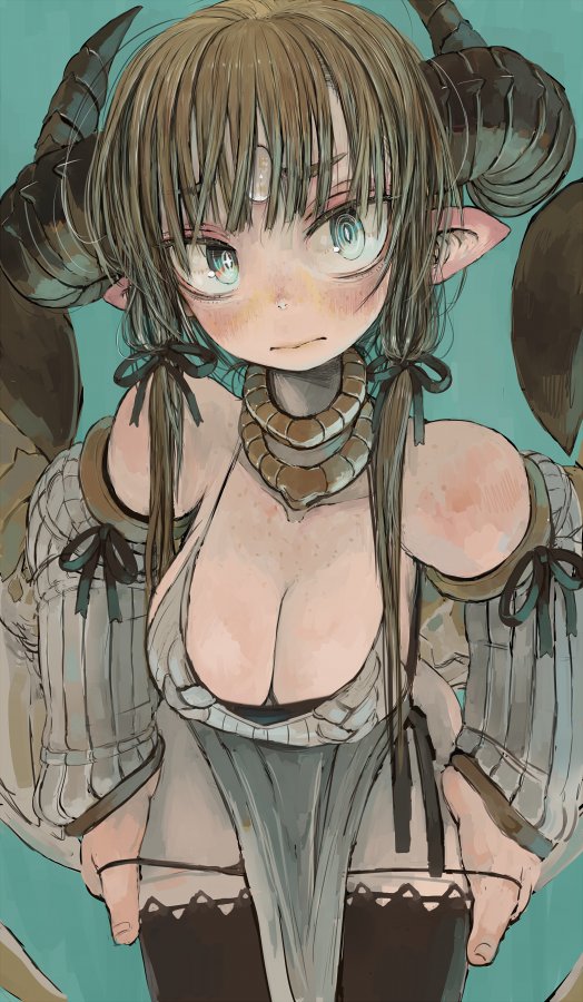 1girl bare_shoulders bent_over black_bra black_panties black_ribbon blue_background blue_eyes blush bra breasts brown_hair cleavage closed_mouth detached_sleeves dragon_horns dragon_wings ebimomo facial_mark fingernails forehead_mark hair_ribbon horns long_hair long_sleeves looking_at_viewer medium_breasts original panties pelvic_curtain pointy_ears ribbed_sweater ribbon ringed_eyes simple_background solo standing sweater thigh-highs underwear undressing wings