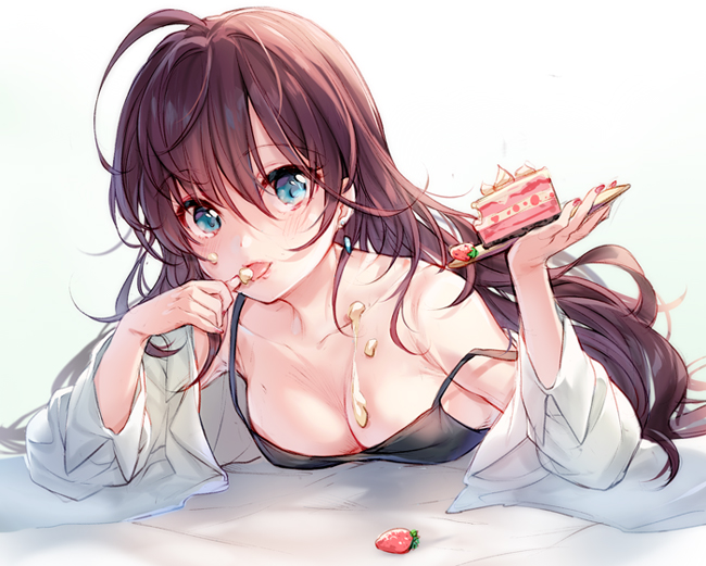 1girl ahoge bangs bare_shoulders bed_sheet black_camisole blue_eyes blush breasts brown_hair cake camisole cleavage collarbone commentary_request eyebrows_visible_through_hair food food_on_body food_on_face food_on_finger fruit hair_between_eyes holding holding_plate ichinose_shiki idolmaster idolmaster_cinderella_girls long_hair looking_at_viewer lying medium_breasts on_stomach open_clothes open_shirt pf plate shirt slice_of_cake solo strap_slip strawberry tongue tongue_out very_long_hair white_shirt
