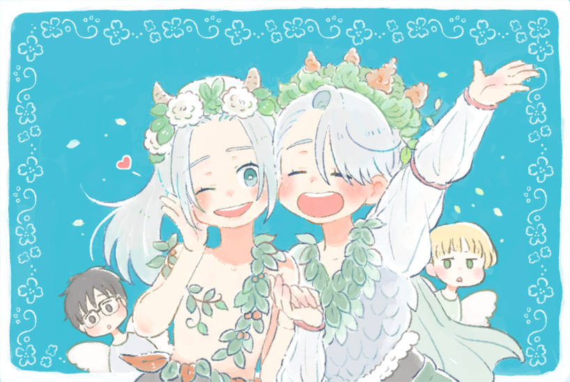 4boys ;d black_hair blonde_hair blue_eyes brown_eyes child dual_persona fairy_wings glasses green_eyes hand_holding head_wreath heart horns katsuki_yuuri leaf male_focus multiple_boys one_eye_closed open_mouth plant ponytail sakana_(gyogyo33) silver_hair smile teenage viktor_nikiforov vines wings younger yuri!!!_on_ice yuri_plisetsky