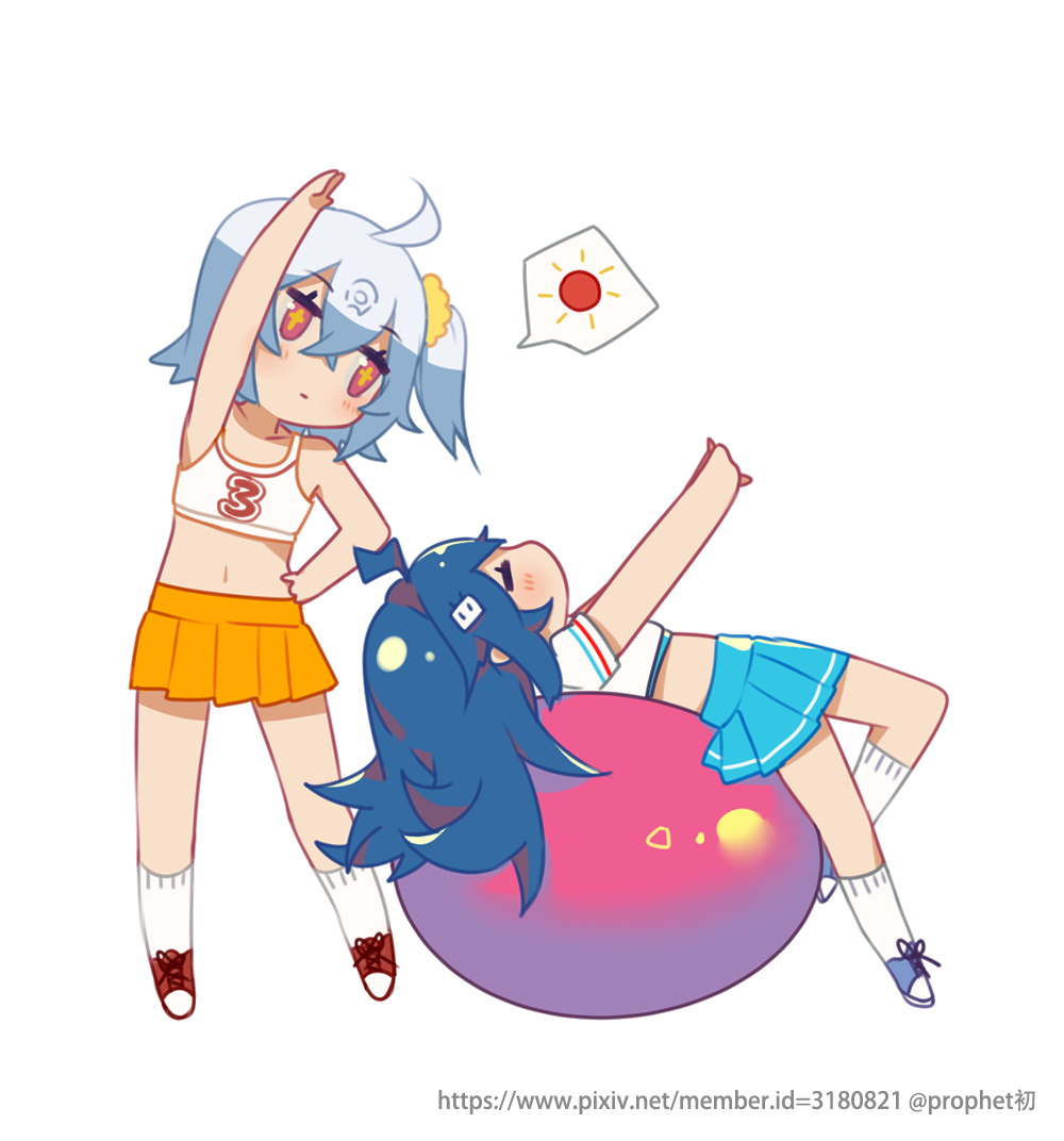 2girls =_= ahoge arm_up ball bangs bare_arms bare_shoulders bili_girl_22 bili_girl_33 bilibili_douga blue_eyes blue_hair blue_skirt blush closed_eyes closed_mouth collarbone crop_top exercise_ball eyebrows_visible_through_hair hair_between_eyes hair_ornament hand_on_hip kneehighs leaning_to_the_side lying midriff multiple_girls navel on_back orange_skirt outstretched_arms pink_hair pleated_skirt profile prophet_chu puffy_short_sleeves puffy_sleeves red_footwear shirt shoes short_sleeves simple_background skirt sneakers spoken_object standing stretch sun_(symbol) tank_top white_background white_legwear white_shirt white_tank_top