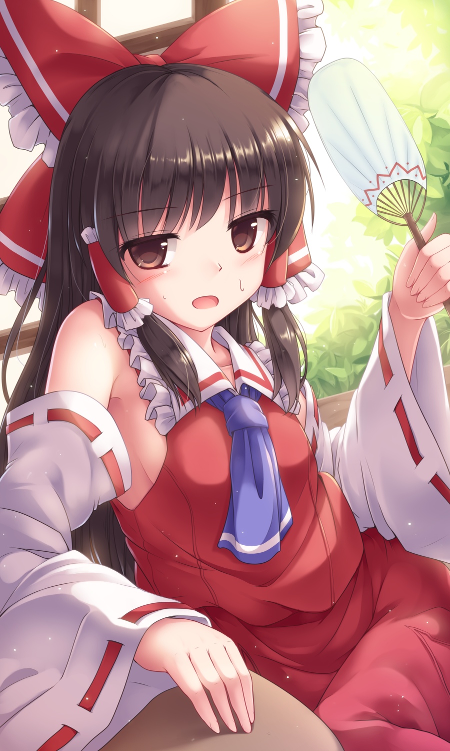 1girl ascot bare_shoulders bow brown_eyes brown_hair commentary_request detached_sleeves eyebrows_visible_through_hair eyes_visible_through_hair fan frilled_bow frills hair_bow hair_tubes hakurei_reimu highres long_hair looking_at_viewer lzh open_mouth ribbon-trimmed_sleeves ribbon_trim sitting solo sweat touhou white_background