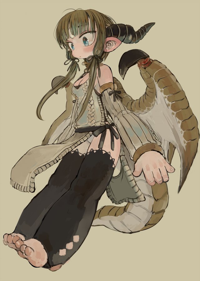 1girl black_legwear blue_eyes blush breasts brown_background brown_hair cleavage detached_sleeves dragon_girl dragon_horns dragon_tail dragon_wings ebimomo fingernails full_body horns long_hair long_sleeves medium_breasts original pointy_ears ribbed_sweater simple_background solo stirrup_legwear sweater tail thigh-highs toeless_legwear wings