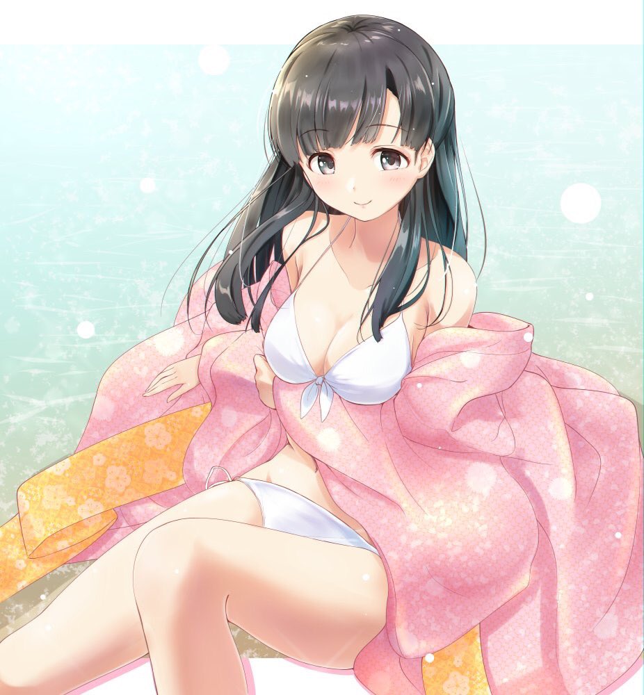 1girl akisaka_yamoka bare_shoulders bikini black_hair blush breasts cleavage clothes_down commentary eyebrows_visible_through_hair feet_out_of_frame floral_print front-tie_bikini front-tie_top grey_eyes idolmaster idolmaster_cinderella_girls japanese_clothes kimono kobayakawa_sae long_hair looking_at_viewer medium_breasts navel pink_kimono side-tie_bikini sitting smile solo swimsuit water white_swimsuit