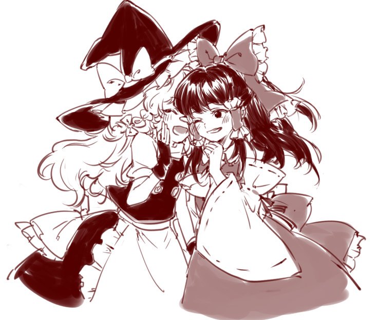 2girls ^_^ apron bare_shoulders blush bow braid closed_eyes commentary detached_sleeves fingerless_gloves gloves greyscale grin hair_bow hair_tubes hakurei_reimu happy hat hat_bow kirisame_marisa large_bow laughing long_hair monochrome multiple_girls one_eye_closed puffy_short_sleeves puffy_sleeves sash short_sleeves side_braid single_braid sketch skirt skirt_set slimesushi smile touhou very_long_hair vest waist_apron wavy_hair whispering witch_hat