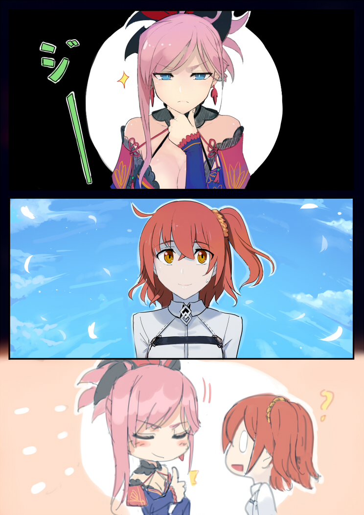 2girls 3koma blue_eyes blue_sky breasts chaldea_uniform chibi cleavage closed_eyes clouds comic commentary_request detached_sleeves fate/grand_order fate_(series) feathers fujimaru_ritsuka_(female) hair_between_eyes hair_ribbon hand_on_own_chin japanese_clothes kimono large_breasts long_hair miyamoto_musashi_(fate/grand_order) multiple_girls open_mouth orange_eyes orange_hair pink_hair ponytail ribbon side_ponytail sky sleeveless sleeveless_kimono smile sparkle thumbs_up translation_request walzrj