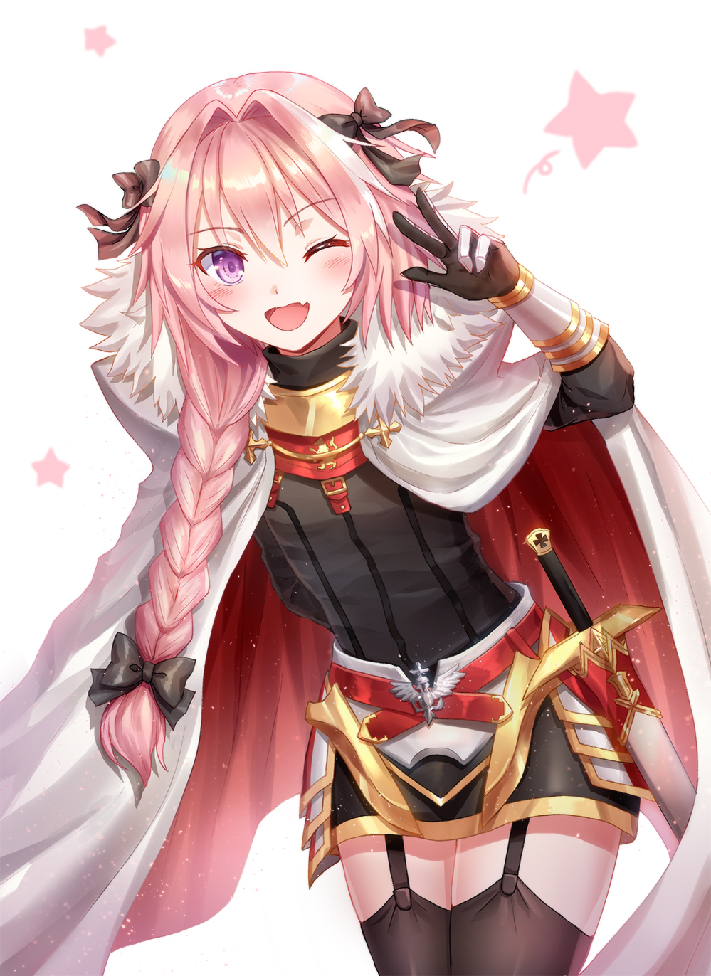 1boy ;d arm_behind_back arm_up armor astolfo_(fate) bangs black_bow black_gloves black_legwear black_ribbon black_shirt blush bow braid buckle cape cowboy_shot cross eyebrows_visible_through_hair fang fate/apocrypha fate_(series) faulds fur-trimmed_cape fur_collar fur_trim garter_straps gauntlets gloves hair_between_eyes hair_bow hair_intakes hair_over_shoulder hair_ribbon highres leaning_forward legs_together long_hair long_sleeves looking_at_viewer male_focus multicolored_hair one_eye_closed open_mouth pink_hair red_cloak ribbon scabbard seungju_lee sheath sheathed shiny shiny_hair shirt single_braid smile solo standing star starry_background streaked_hair sword thigh-highs trap violet_eyes w weapon white_background white_cloak white_hair