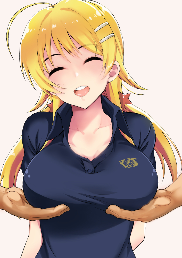 1girl ahoge bangs blonde_hair blue_shirt blush breast_grab breasts closed_eyes eyebrows_visible_through_hair grabbing hachimiya_meguru hair_ornament hairclip idolmaster idolmaster_shiny_colors large_breasts long_hair looking_at_viewer low_twintails open_mouth out_of_frame polo_shirt shiroyukimajima shirt simple_background smile solo_focus twintails white_background
