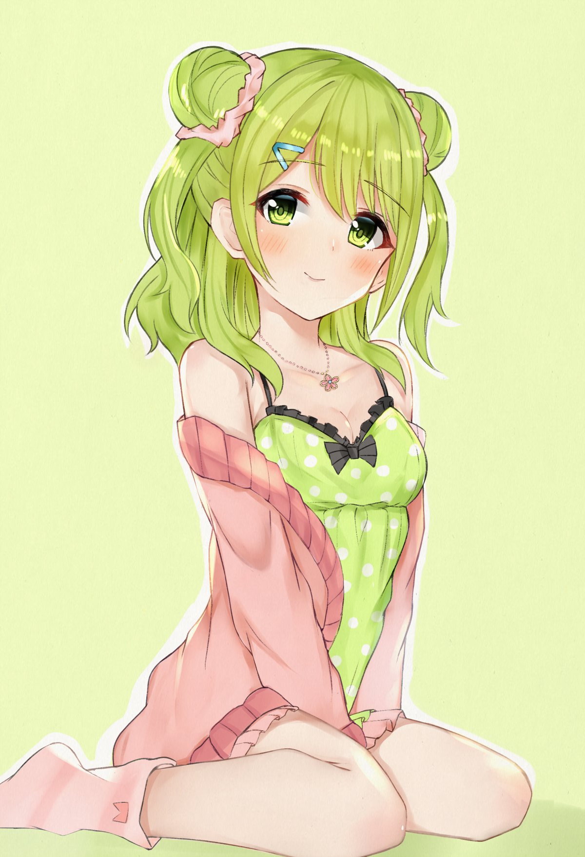 1girl bangs bare_shoulders blush breasts camisole cardigan cleavage closed_mouth collarbone double_bun eyebrows_visible_through_hair green_eyes green_hair hair_ornament hairclip highres jewelry long_hair looking_at_viewer medium_breasts morinaka_kazaki necklace nemun_(tamizzz) nijisanji older open_cardigan open_clothes sitting smile socks solo striped striped_legwear virtual_youtuber