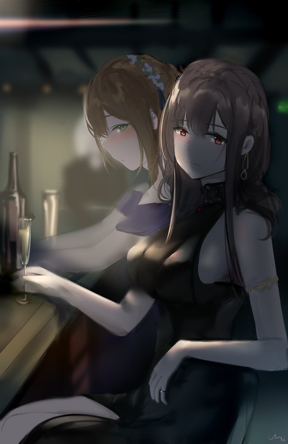 2girls ahoge alternate_costume arm_support armlet arms_behind_head bangs black_dress blue_dress blunt_bangs blush braid breasts brown_hair casual champagne_flute choker chyt closed_mouth crown_braid cup dress drinking_glass dsr-50_(girls_frontline) earrings eyebrows_visible_through_hair girls_frontline green_eyes hair_between_eyes hair_ornament hair_rings highres indoors jewelry large_breasts leaning_back long_hair looking_at_viewer m1903_springfield_(girls_frontline) mouth_hold multiple_girls no_bra pendant red_eyes ring ruby_(stone) see-through sideboob sidelocks signature sitting skindentation smile thighs very_long_hair