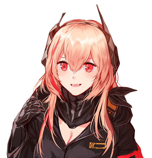 1girl armband bangs black_gloves blush fangs girls_frontline gloves hair_between_eyes hand_up headgear jacket long_hair looking_at_viewer m4_sopmod_ii_(girls_frontline) multicolored_hair open_mouth pink_hair prosthesis prosthetic_arm red_eyes scarf sidelocks silence_girl simple_background smile solo streaked_hair white_background