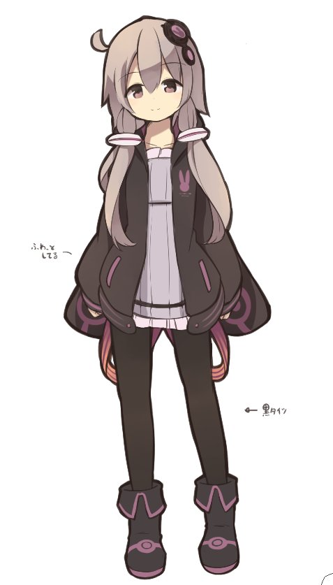 1girl black_footwear black_hoodie black_legwear blush boots closed_mouth collarbone commentary_request dress full_body grey_hair hair_ornament head_tilt hood hoodie long_hair long_sleeves looking_at_viewer natsuki_teru open_clothes open_hoodie pantyhose puffy_long_sleeves puffy_sleeves purple_dress short_dress simple_background sleeves_past_wrists smile solo standing translated very_long_hair vocaloid white_background yuzuki_yukari