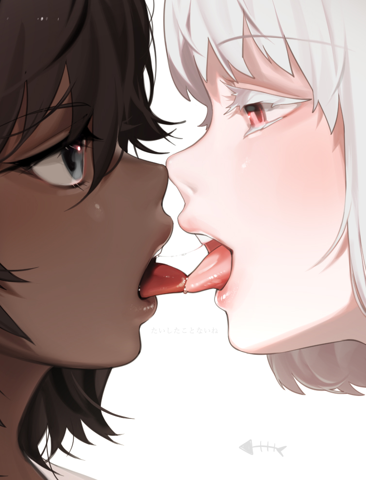 2girls albino bangs brown_hair close-up colored_eyelashes commentary_request dark_skin eye_contact eyebrows_visible_through_hair french_kiss grey_eyes half-closed_eyes interracial kiss lips looking_at_another medium_hair multiple_girls ohisashiburi open_mouth original pink_eyes profile saliva saliva_trail short_hair simple_background tongue tongue_out upper_teeth white_background white_hair yuri