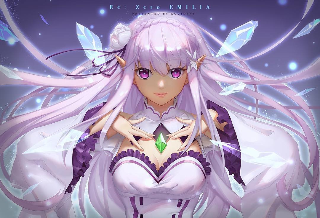 1girl bangs bare_shoulders blunt_bangs braid breasts cleavage crown_braid detached_sleeves dress elf emilia_(re:zero) facing_viewer flower french_braid frilled_sleeves frills hair_flower hair_ornament hair_ribbon lavender_hair long_hair looking_at_viewer medium_breasts pink_lips pointy_ears purple_ribbon re:zero_kara_hajimeru_isekai_seikatsu ribbon rose silver_hair violet_eyes white_dress white_flower white_rose wide_sleeves yume_ou