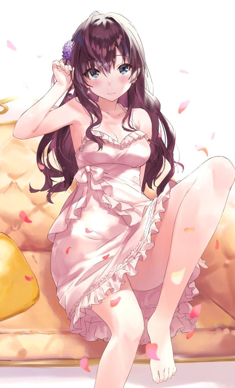 1girl ahoge bangs bare_shoulders barefoot blue_eyes blush breasts brown_hair bvucki36gzoeq1c cleavage collarbone couch dress eyebrows_visible_through_hair feet flower frills hair_flower hair_ornament hand_in_hair highres ichinose_shiki idolmaster idolmaster_cinderella_girls idolmaster_cinderella_girls_starlight_stage knee_up legs long_hair looking_at_viewer medium_breasts petals pillow simple_background sitting smile solo thighs wavy_hair white_background white_dress