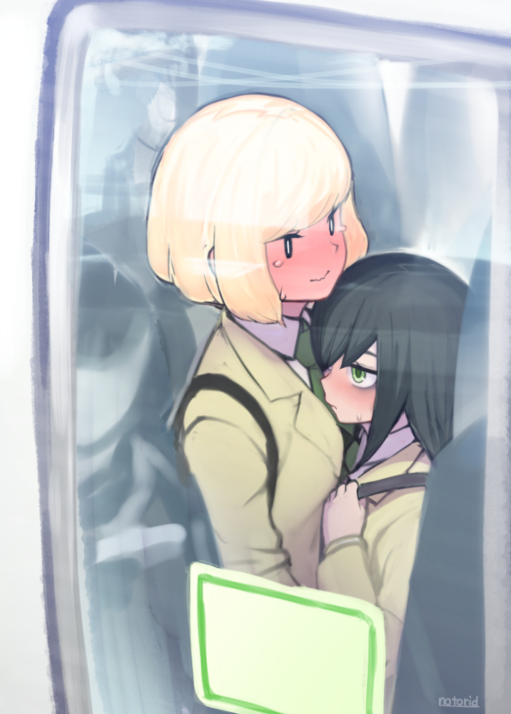 0_0 2girls artist_name bags_under_eyes black_hair blazer blonde_hair blush commentary_request cramped green_eyes green_neckwear jacket kuroki_tomoko multiple_girls necktie notori_d school_uniform short_hair sweatdrop tears train_interior uchi_emiri watashi_ga_motenai_no_wa_dou_kangaetemo_omaera_ga_warui! wavy_mouth yuri