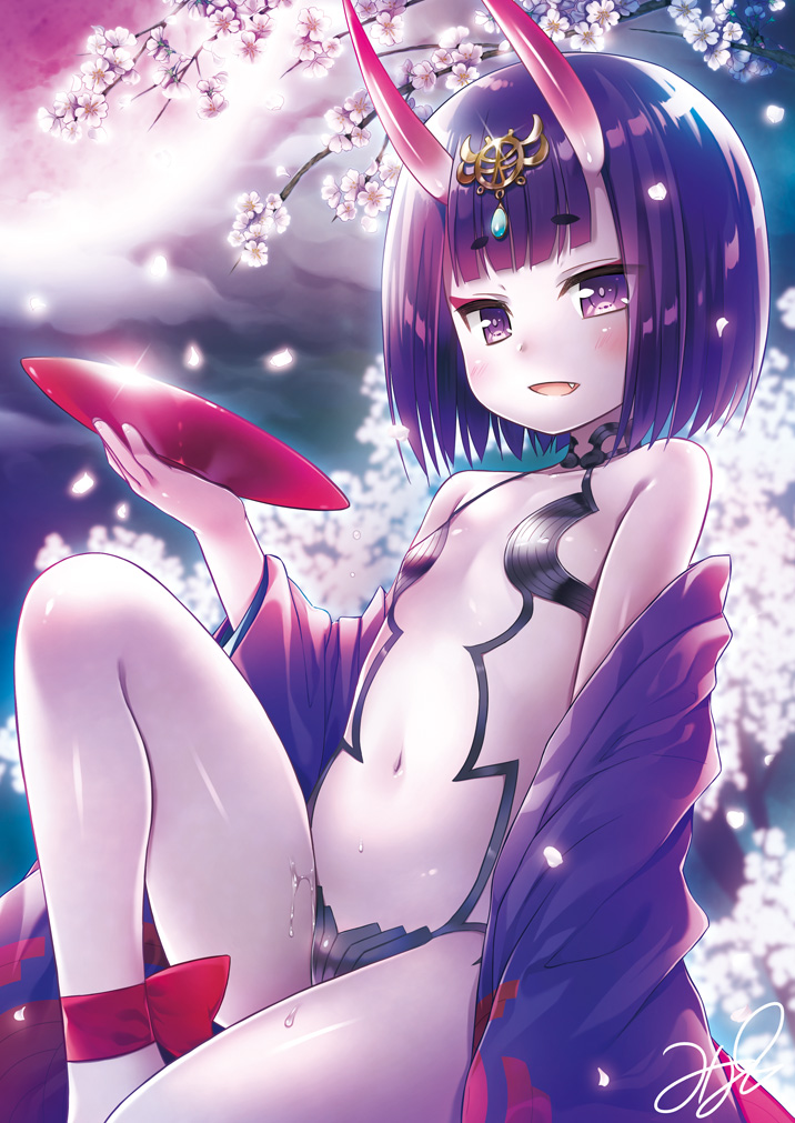 1girl :d bad_id bangs blurry blurry_background blush cherry_blossoms clouds cloudy_sky cup depth_of_field eyebrows_visible_through_hair fang fate/grand_order fate_(series) flower hair_ornament hand_up holding horns japanese_clothes kimono long_sleeves looking_at_viewer navel off_shoulder oni oni_horns open_clothes open_kimono open_mouth outdoors petals pink_flower purple_hair purple_kimono revealing_clothes sakazuki short_hair shuten_douji_(fate/grand_order) signature sitting sky smile solo thick_eyebrows violet_eyes wide_sleeves yukino_minato