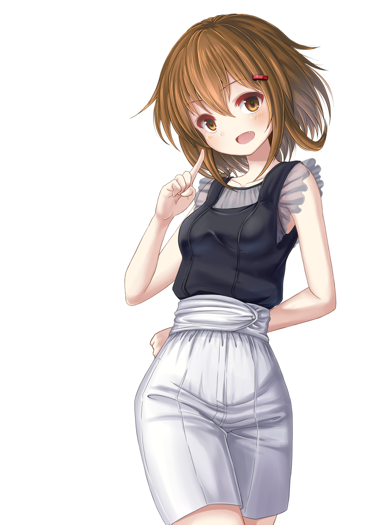 1girl alternate_costume black_blouse blouse breasts brown_eyes brown_hair fang ikazuchi_(kantai_collection) kantai_collection open_mouth short_hair shorts simple_background small_breasts solo teenage white_background yatsu_seisakusho