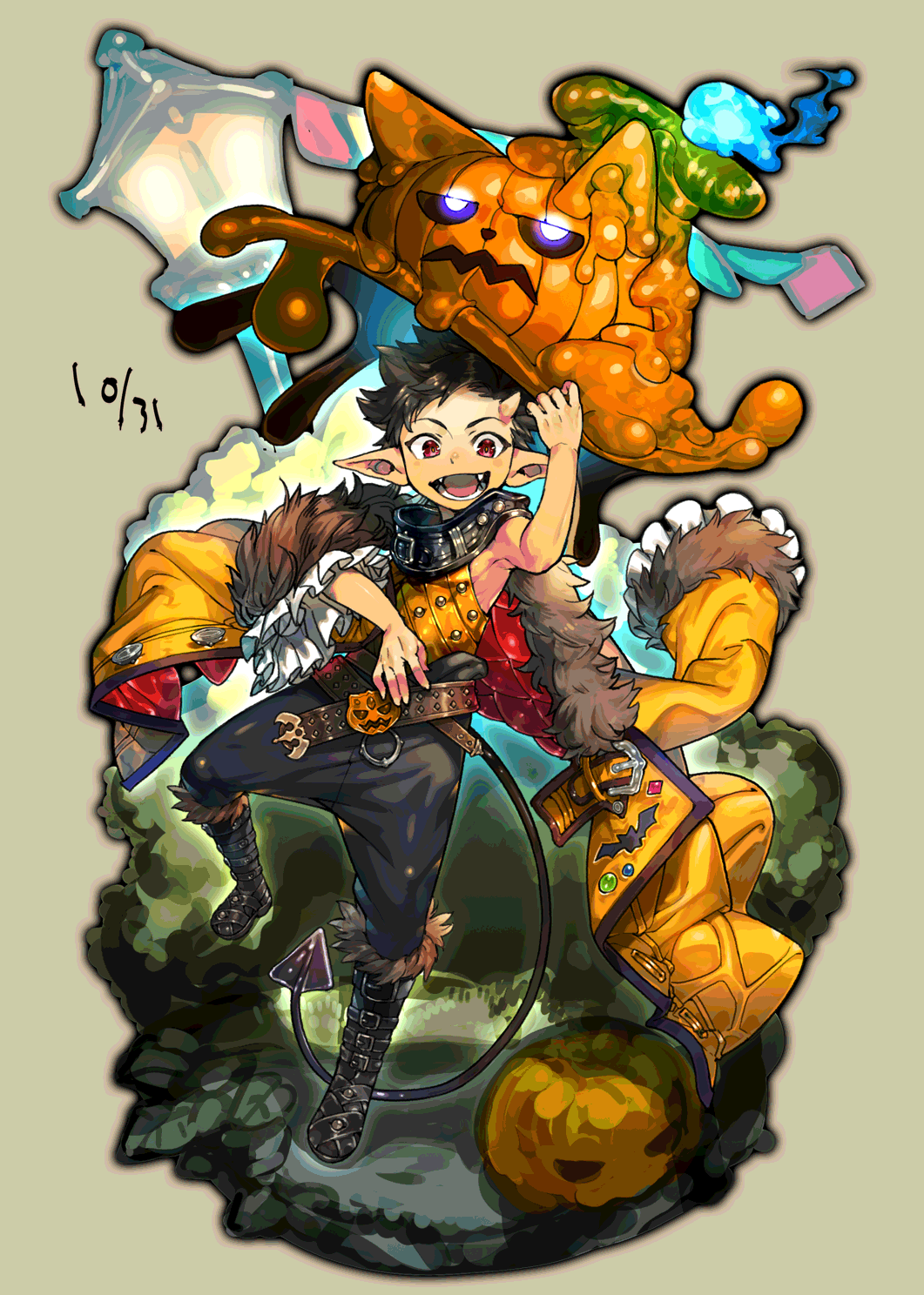 1boy aynoh black_hair boots dated demon_boy fangs halloween highres horn looking_at_viewer open_mouth original pointy_ears red_eyes smile