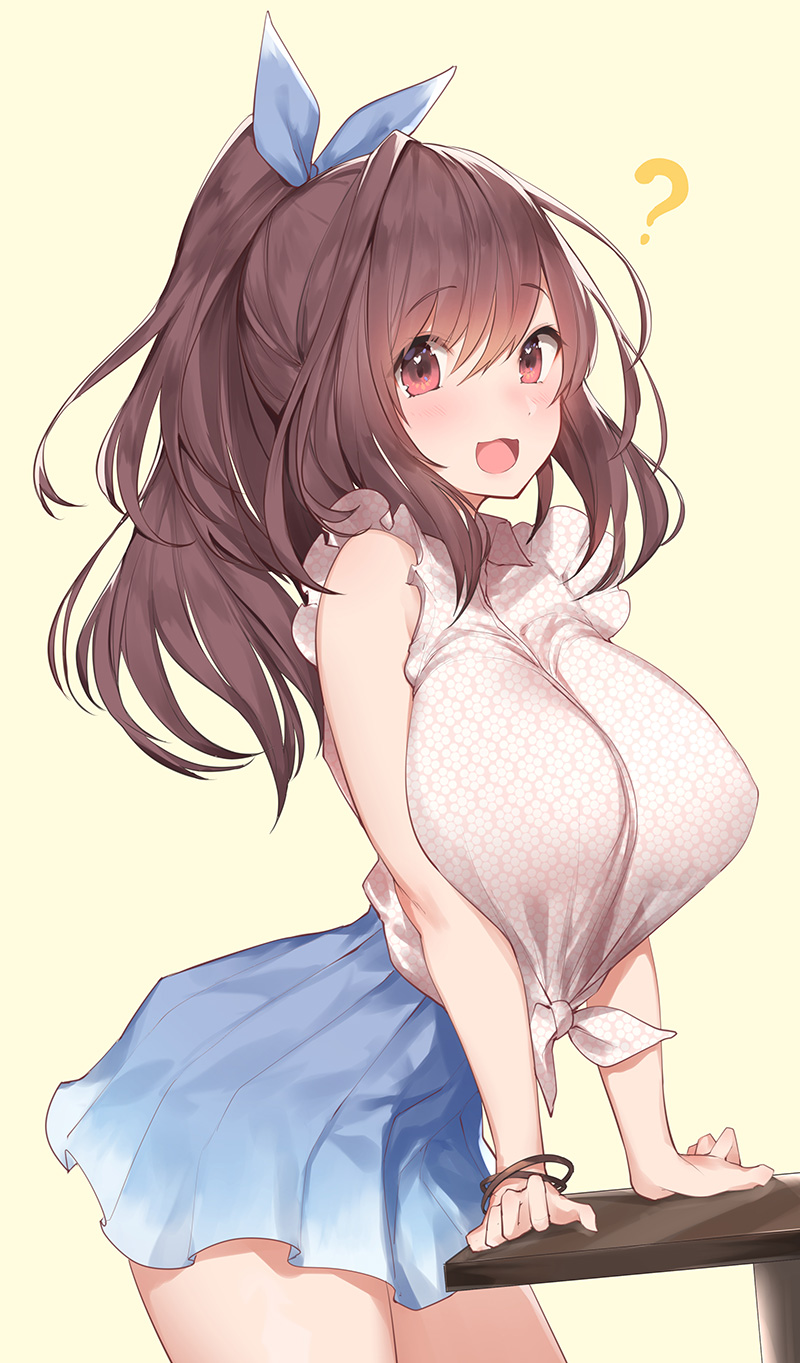 1girl ? bangs blue_bow blue_skirt blush bow bracelet breasts brown_eyes brown_hair commentary_request eyebrows_visible_through_hair hair_bow highres hips idolmaster idolmaster_shiny_colors jewelry large_breasts long_hair looking_at_viewer open_mouth ponytail shirt simple_background skirt smile solo table thighs tied_shirt tsukioka_kogane yaman