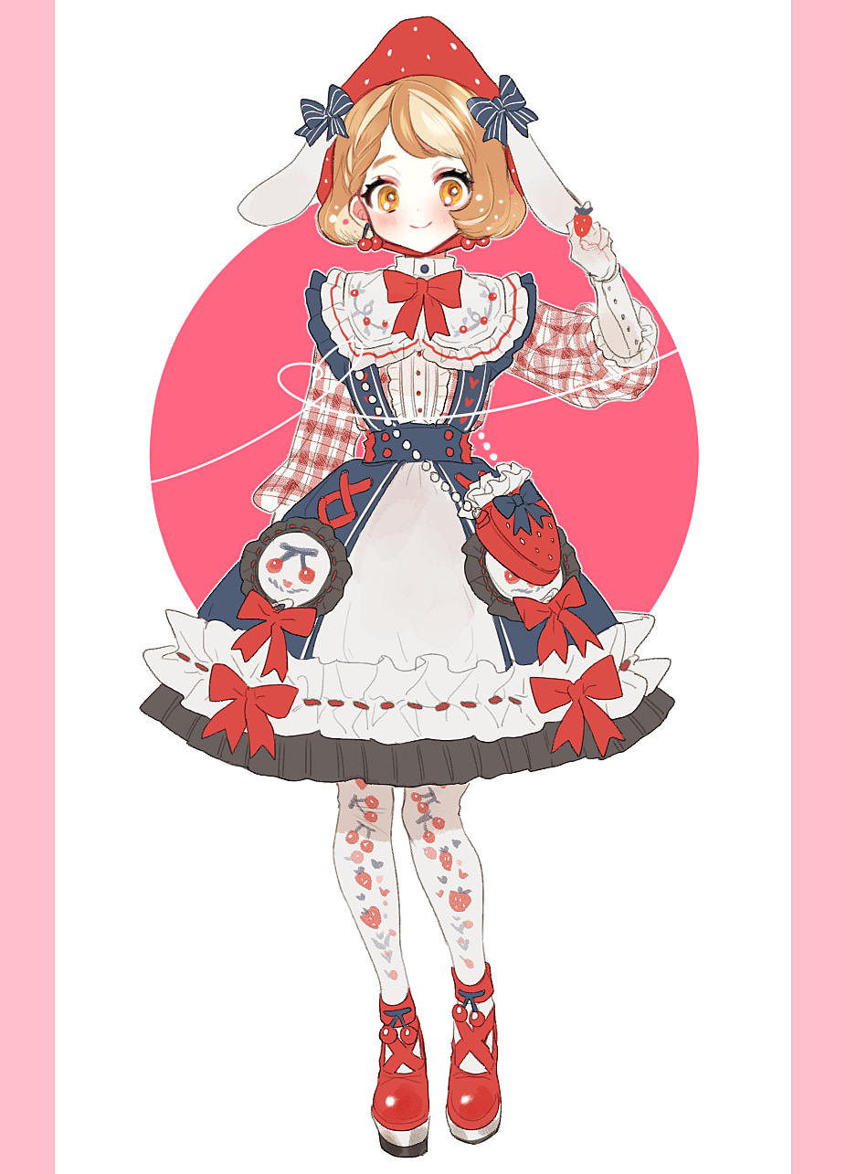 1girl animal_ears black_bow blush bow bowtie braid brown_eyes brown_hair center_frills character_request cherry_earrings cherry_print copyright_request earrings food food_print food_themed_bag food_themed_earrings fruit fruit_hat full_body hat hat_bow highres holding holding_fruit jewelry lolita_fashion long_sleeves looking_at_viewer lunch_(lunchicken) pantyhose pillarboxed plaid plaid_sleeves print_legwear rabbit_ears red_bow red_footwear red_neckwear ribbon-trimmed_dress short_hair side_braid smile solo strawberry strawberry_bag strawberry_print striped striped_bow