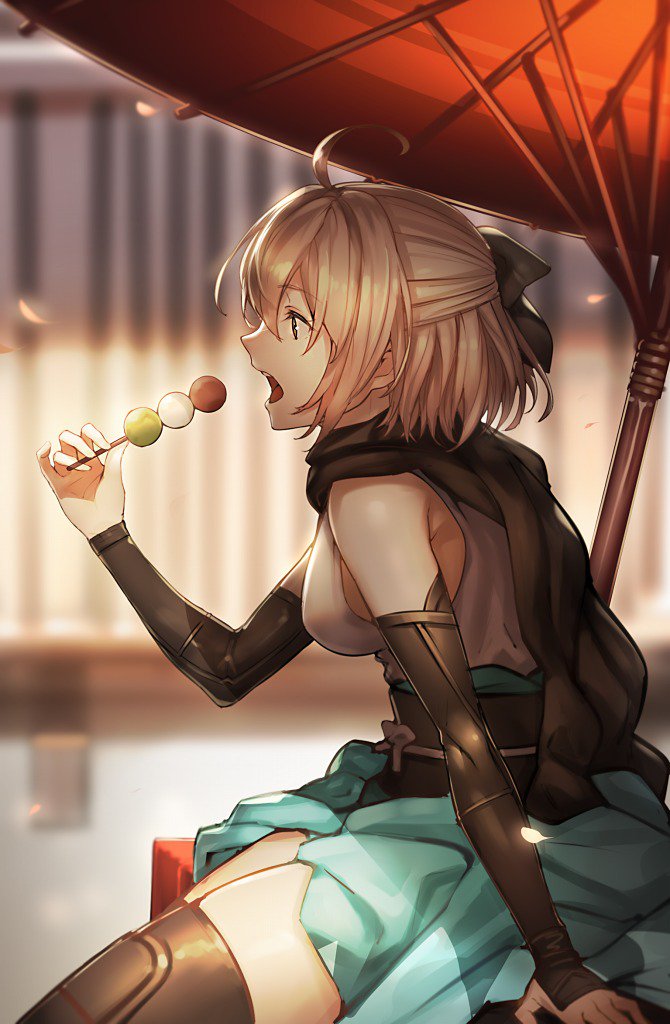 1girl ahoge arm_guards bare_shoulders black_bow black_scarf bow commentary dango eating elbow_sleeve fate/grand_order fate_(series) food from_side hair_bow half_updo haori holding holding_food japanese_clothes kimono obi okita_souji_(fate) open_mouth oriental_umbrella outdoors sanshoku_dango sash scarf shinsengumi short_kimono sitting skewer sleeveless sleeveless_kimono tef thigh-highs thighs umbrella wagashi white_kimono