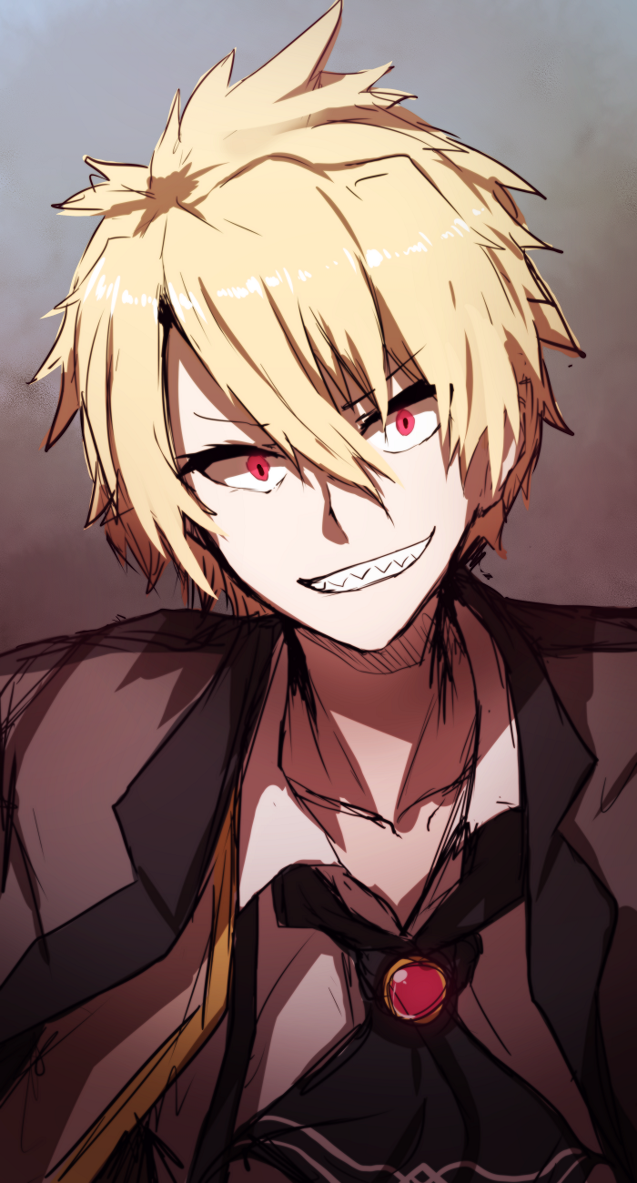 1boy ascot bangs black_neckwear blonde_hair brooch brown_jacket brown_vest collarbone collared_shirt evil_grin evil_smile eyebrows_visible_through_hair fate/prototype fate/prototype:_fragments_of_blue_and_silver fate_(series) grin hair_between_eyes head_tilt highres jacket jekyll_and_hyde_(fate) jewelry looking_at_viewer male_focus open_clothes open_vest red_eyes sharp_teeth shirt smile solo teeth v-shaped_eyebrows vest wada_kazu white_shirt