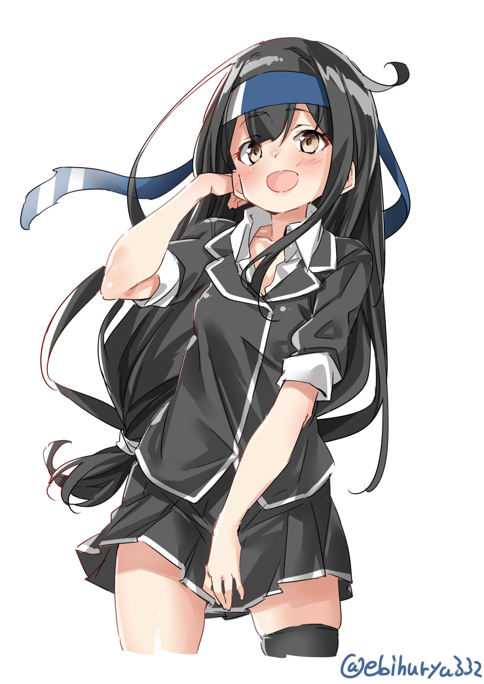 1girl :d black_hair black_skirt blazer brown_eyes covering covering_crotch ebifurya hatsushimo_(kantai_collection) headband highres jacket kantai_collection long_hair looking_up low-tied_long_hair open_mouth pleated_skirt remodel_(kantai_collection) school_uniform simple_background skirt smile solo twitter_username white_background