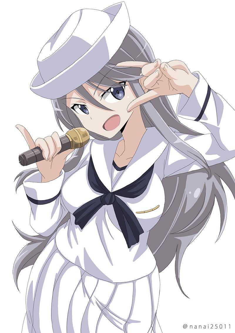 1girl \n/ bangs blouse cowboy_shot dixie_cup_hat eyebrows_visible_through_hair flint_(girls_und_panzer) girls_und_panzer grey_eyes grey_hair hat head_tilt holding holding_microphone long_hair long_skirt long_sleeves looking_at_viewer microphone military_hat navy_blue_neckwear ooarai_naval_school_uniform open_mouth pinky_out pleated_skirt sailor sailor_collar school_uniform shibagami simple_background skirt smile solo standing twitter_username white_background white_blouse white_hat white_skirt