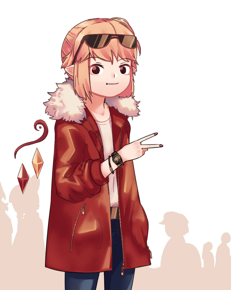 1girl alternate_costume belt belt_buckle blonde_hair bracelet brown_eyes buckle cowboy_shot eyewear_on_head flandre_scarlet fur_trim jacket jewelry long_sleeves looking_at_viewer nail_polish no_hat no_headwear pants pointy_ears side_ponytail silhouette simple_background smile solo sunglasses touhou v watch wings yoruny zipper