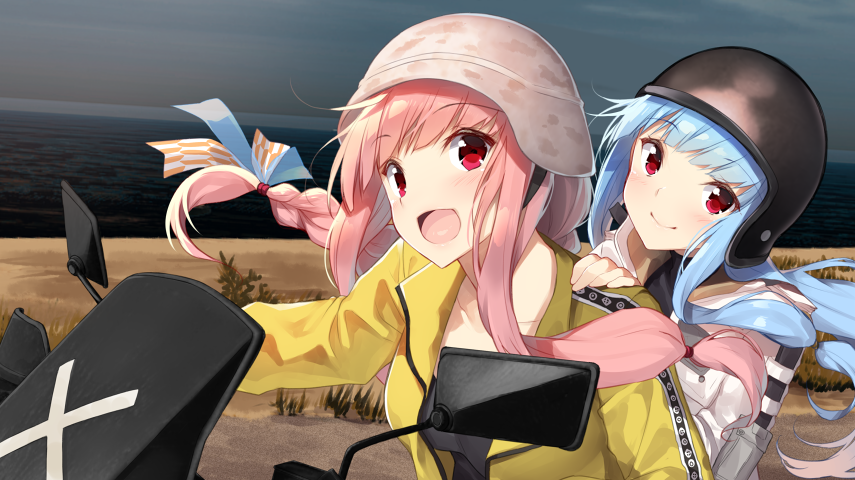 2girls :d bangs black_shirt blue_hair blue_ribbon blush braid closed_mouth collarbone commentary_request driving eyebrows_visible_through_hair ground_vehicle hair_ribbon hand_on_another's_shoulder head_tilt helmet horizon jacket kotonoha_akane kotonoha_aoi looking_at_viewer motor_vehicle motorcycle motorcycle_helmet multiple_girls ocean open_clothes open_jacket open_mouth outdoors pink_hair red_eyes ribbon shirt sky smile voiceroid water white_jacket yappen yellow_jacket