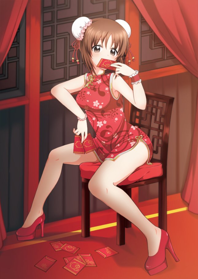 1girl anglerfish bangs brown_eyes brown_hair bun_cover card china_dress chinese_clothes commentary_request covered_mouth curtains double_bun dress emblem eyebrows_visible_through_hair girls_und_panzer high_heels holding indoors looking_at_viewer nishizumi_miho parda_siko playing_card print_dress red_dress red_footwear shadow short_dress short_hair side_slit sitting sleeveless sleeveless_dress solo wooden_chair wristband