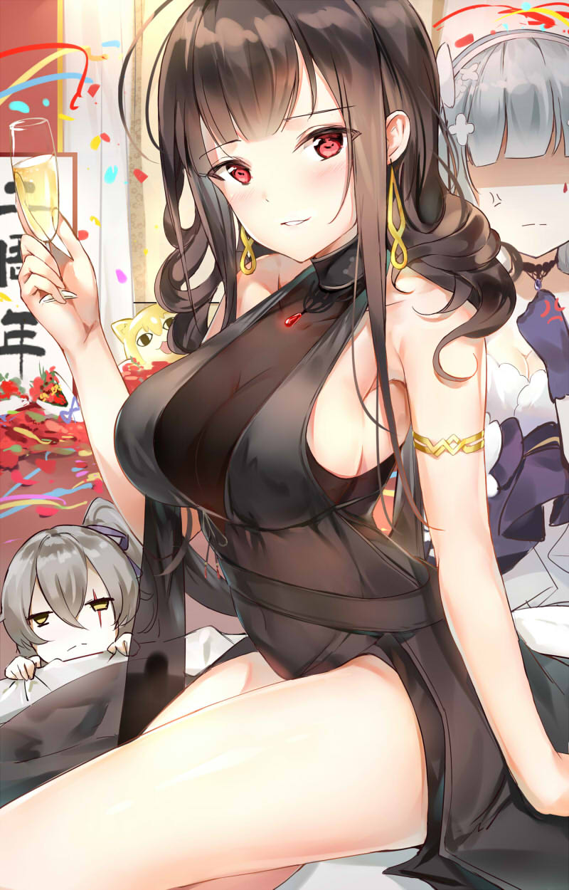 &lt;o&gt;_&lt;o&gt; 4girls alternate_costume anger_vein animal_ears bangs black_dress black_hair black_ribbon blonde_hair breasts cat_ears champagne_flute commentary_request confetti covered_navel cup dress drinking_glass dsr-50_(girls_frontline) earrings frown ginn_(hzh770121) girls_frontline grey_hair hair_ribbon highres hk416_(girls_frontline) holding holding_drinking_glass idw_(girls_frontline) jewelry large_breasts long_hair multiple_girls no_bra no_eyes one_side_up parted_lips pendant purple_ribbon red_eyes ribbon ruby_(stone) scar scar_across_eye shaded_face sideboob sitting smile streamers ump45_(girls_frontline)