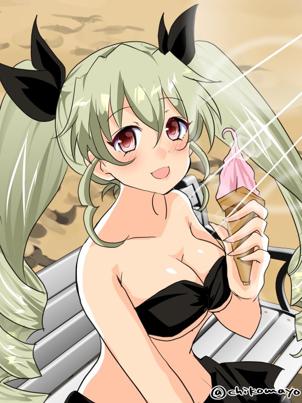 1girl anchovy bangs bench bikini black_bikini black_ribbon breasts chikomayo cleavage commentary_request drill_hair eyebrows_visible_through_hair food girls_und_panzer green_hair hair_ribbon holding holding_food ice_cream_cone lens_flare long_hair looking_at_viewer medium_breasts open_mouth red_eyes ribbon sarong sitting smile solo sunlight swimsuit twin_drills twintails twitter_username