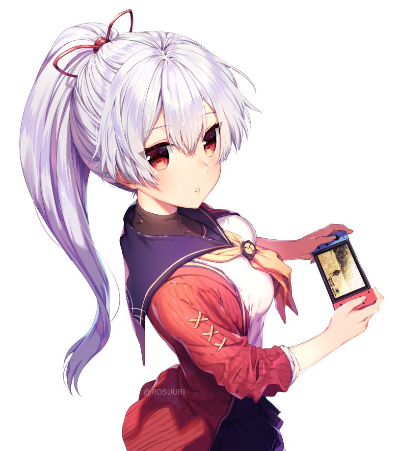1girl blush breasts eyebrows_visible_through_hair fate/grand_order fate_(series) hair_between_eyes handheld_game_console holding jacket long_hair nintendo nintendo_switch playing_games red_eyes rosuuri sailor_collar silver_hair solo tomoe_gozen_(fate/grand_order) uniform