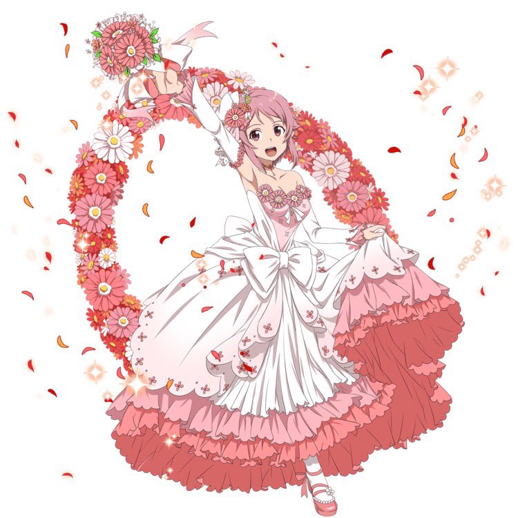 1girl :d ankle_ribbon arm_up armpits bouquet breasts cleavage collarbone detached_sleeves dress flower full_body hair_flower hair_ornament holding holding_bouquet layered_dress lisbeth long_dress looking_at_viewer medium_breasts one_leg_raised open_mouth orange_flower petals pink_eyes pink_flower pink_footwear pink_hair pink_ribbon pumps red_flower ribbon short_hair_with_long_locks sidelocks simple_background skirt_hold sleeveless sleeveless_dress smile solo standing standing_on_one_leg strapless strapless_dress sword_art_online wedding_dress white_background white_dress white_legwear