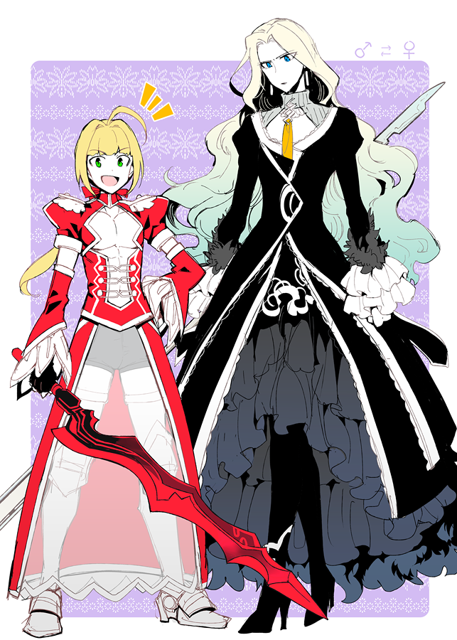 1boy 1girl aestus_estus ahoge bangs blonde_hair blue_eyes crossdressinging directional_arrow fate/grand_order fate_(series) flat_chest frilled_sleeves frills genderswap genderswap_(ftm) genderswap_(mtf) gradient_hair green_eyes green_hair holding holding_sword holding_weapon juliet_sleeves koshiro_itsuki long_hair long_sleeves looking_at_another looking_at_viewer mars_symbol multicolored_hair nero_claudius_(fate) nero_claudius_(fate)_(all) open_mouth puffy_sleeves see-through standing sword venus_symbol very_long_hair vlad_iii_(fate/apocrypha) wavy_hair weapon