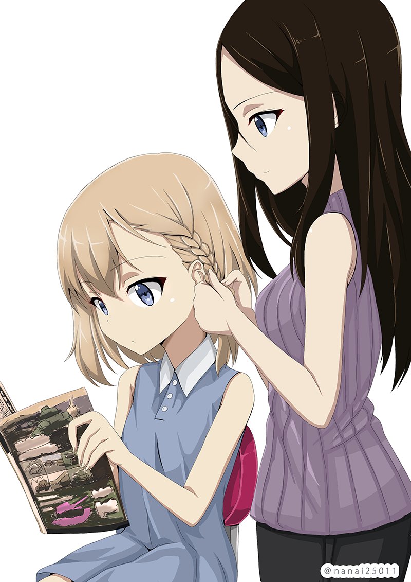 2girls adjusting_another's_hair bangs black_hair black_pants blonde_hair blue_dress blue_eyes braid casual chair closed_mouth collared_dress commentary dress eyebrows_visible_through_hair girls_und_panzer holding holding_magazine katyusha light_frown long_hair looking_at_another magazine multiple_girls nonna pants ribbed_sweater shibagami short_dress short_hair side_braid simple_background sitting sleeveless sleeveless_dress smile standing sweater swept_bangs twitter_username white_background