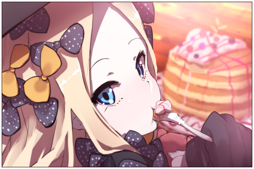 1girl abigail_williams_(fate/grand_order) bangs black_bow black_dress black_hat blonde_hair blue_eyes blurry blurry_background blush bow closed_mouth depth_of_field dress eating fate/grand_order fate_(series) food forehead fork hair_bow hat head_tilt holding holding_fork long_hair long_sleeves looking_at_viewer looking_back orange_bow pancake parted_bangs polka_dot polka_dot_bow sleeves_past_fingers sleeves_past_wrists solo stack_of_pancakes stuffed_animal stuffed_toy teddy_bear wada_kazu