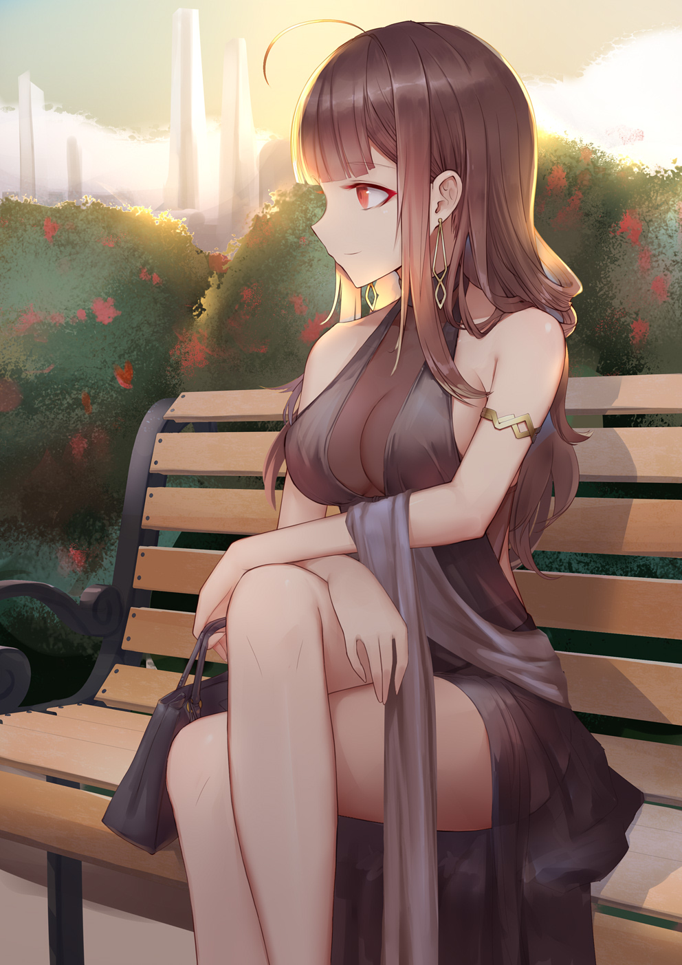 1girl ahoge alternate_costume arm_support armlet bag bangs black_dress blunt_bangs blush breasts brown_hair casual choker cleavage closed_mouth dress dsr-50_(girls_frontline) earrings evening eyebrows_visible_through_hair girls_frontline hair_ornament hair_over_shoulder highres holding holding_bag jewelry large_breasts legs_crossed liu_lan long_hair looking_away necklace no_bra outdoors pendant red_eyes ruby_(stone) sidelocks sitting skindentation smile solo thighs very_long_hair