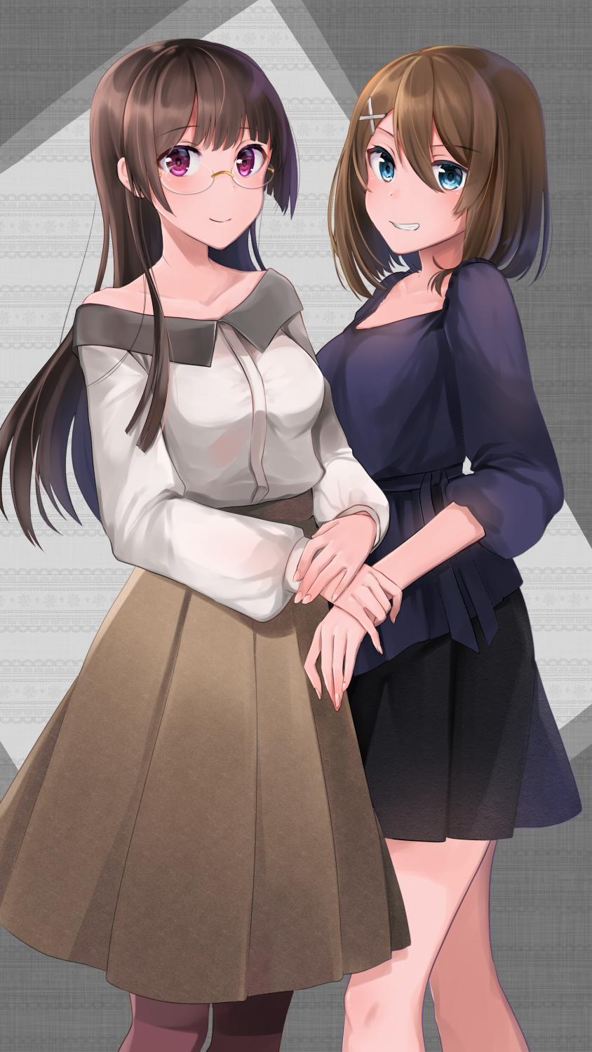 2girls :d alternate_costume black_skirt blue_eyes blue_shirt breasts brown_hair brown_skirt casual choukai_(kantai_collection) collarbone eyebrows_visible_through_hair glasses grey_shirt grin hair_between_eyes hair_ornament highres holding_hand kantai_collection long_hair long_skirt long_sleeves maya_(kantai_collection) multiple_girls no_hat no_headwear open_mouth own_hands_together pantyhose patterned_background puffy_long_sleeves puffy_sleeves purple_legwear rimless_eyewear shirt short_hair skirt sleeves_past_elbows small_breasts smile standing straight_hair teeth x_hair_ornament yunamaro