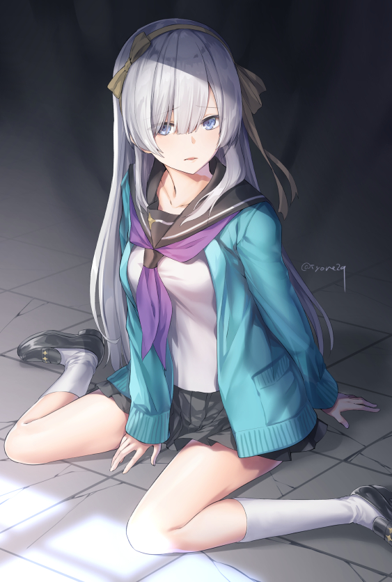 1girl anastasia_(fate/grand_order) bangs black_footwear black_sailor_collar black_skirt blue_cardigan blue_eyes bow breasts cardigan commentary_request cracked_floor eyebrows_visible_through_hair fate/grand_order fate_(series) fingernails hair_between_eyes hair_bow hairband kneehighs loafers long_hair long_sleeves looking_at_viewer medium_breasts neckerchief on_floor open_cardigan open_clothes parted_lips pleated_skirt purple_neckwear sailor_collar school_uniform serafuku shirt shoes silver_hair sitting skirt sleeves_past_wrists solo twitter_username tyone very_long_hair wariza white_legwear white_shirt